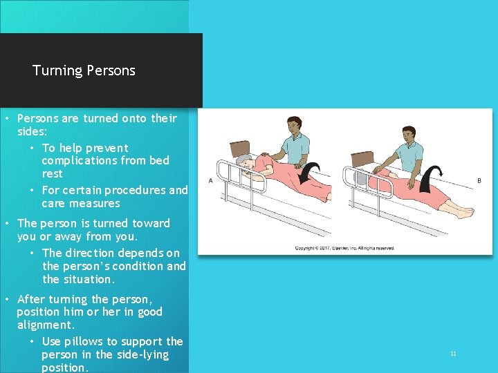 Turning Persons • Persons are turned onto their sides: • To help prevent complications