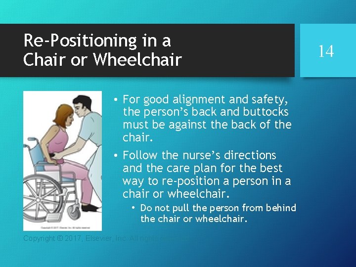 Re-Positioning in a Chair or Wheelchair • For good alignment and safety, the person’s