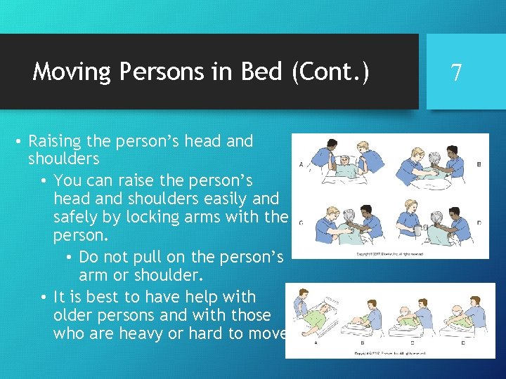 Moving Persons in Bed (Cont. ) • Raising the person’s head and shoulders •