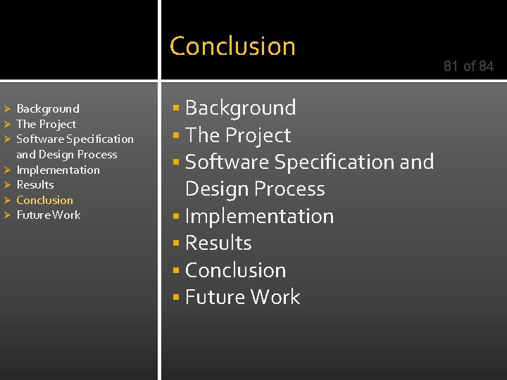 Conclusion Ø Ø Ø Ø Background The Project Software Specification and Design Process Implementation