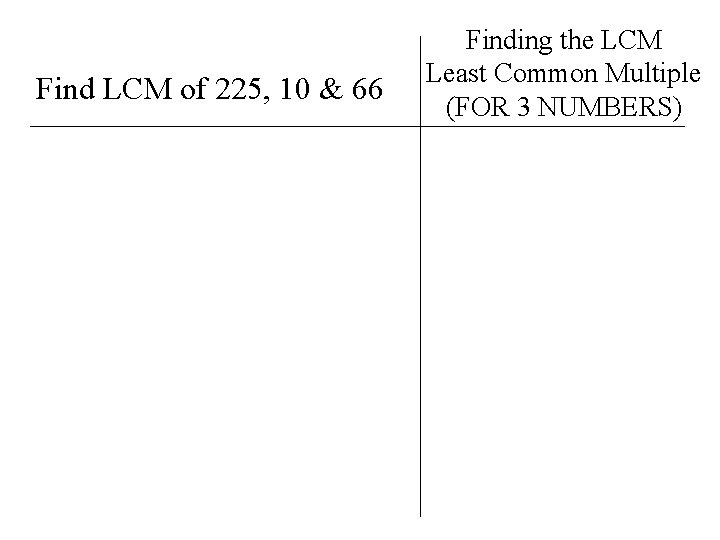 Find LCM of 225, 10 & 66 Finding the LCM Least Common Multiple (FOR