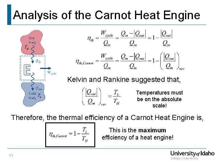 Analysis of the Carnot Heat Engine E Kelvin and Rankine suggested that, Temperatures must