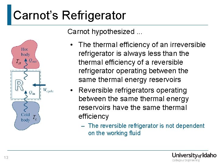 Carnot’s Refrigerator Carnot hypothesized. . . R • The thermal efficiency of an irreversible