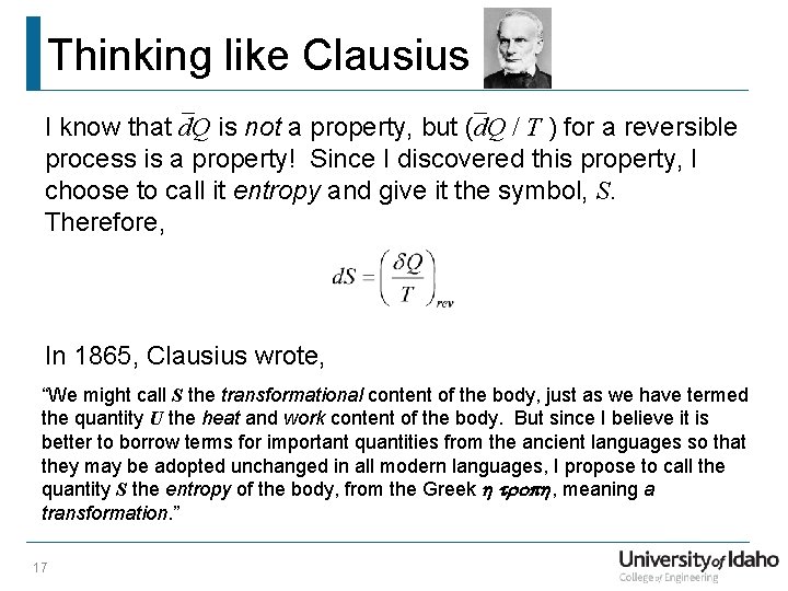 Thinking like Clausius I know that d. Q is not a property, but (d.
