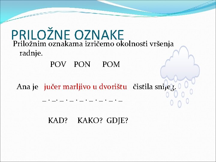 PRILOŽNE OZNAKE Priložnim oznakama izričemo okolnosti vršenja radnje. POV PON POM Ana je jučer