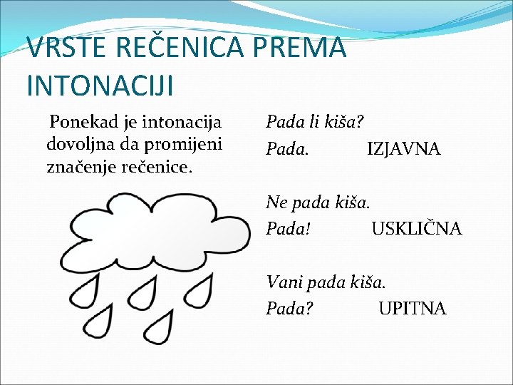 VRSTE REČENICA PREMA INTONACIJI Ponekad je intonacija dovoljna da promijeni značenje rečenice. Pada li