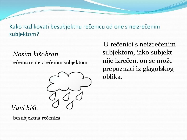 Kako razlikovati besubjektnu rečenicu od one s neizrečenim subjektom? Nosim kišobran. rečenica s neizrečenim