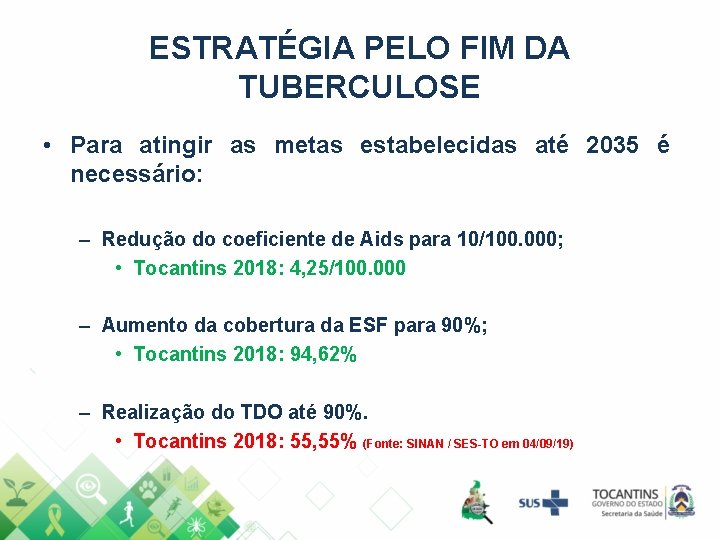 ESTRATÉGIA PELO FIM DA TUBERCULOSE • Para atingir as metas estabelecidas até 2035 é