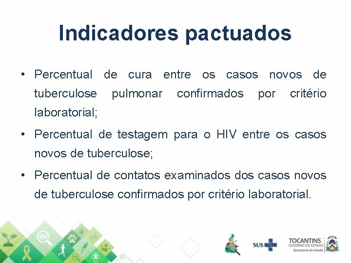 Indicadores pactuados • Percentual de cura entre os casos novos de tuberculose pulmonar confirmados