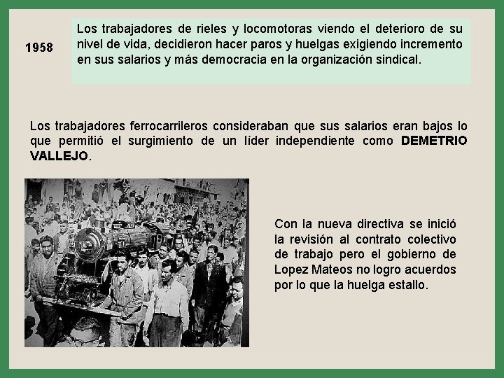 1958 Los trabajadores de rieles y locomotoras viendo el deterioro de su nivel de