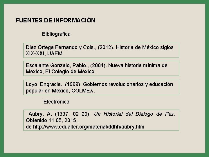 FUENTES DE INFORMACIÓN Bibliográfica Diaz Ortega Fernando y Cols. , (2012). Historia de México