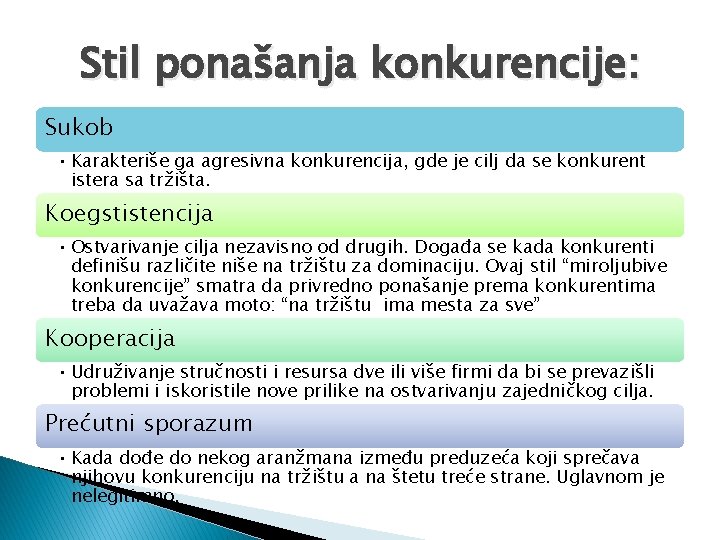 Stil ponašanja konkurencije: Sukob • Karakteriše ga agresivna konkurencija, gde je cilj da se