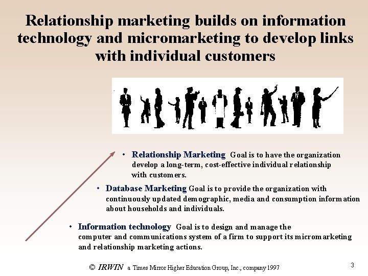 Relationship marketing builds on information technology and micromarketing to develop links with individual customers Relationship marketing builds on information technology and micromarketing to develop links with individual customers