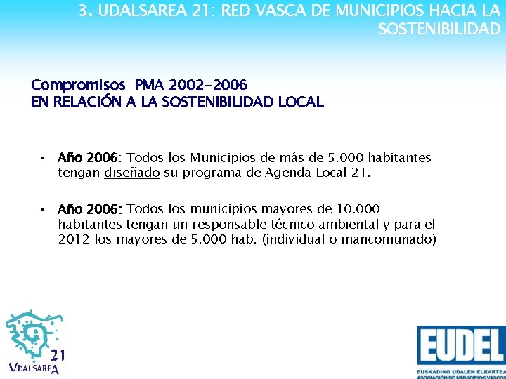 3. UDALSAREA 21: RED VASCA DE MUNICIPIOS HACIA LA SOSTENIBILIDAD Compromisos PMA 2002 -2006