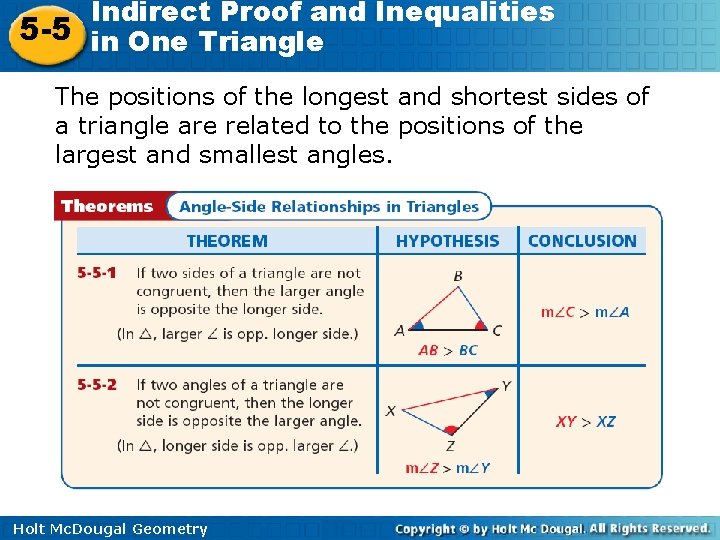 Indirect Proof and Inequalities 5 -5 in One Triangle The positions of the longest