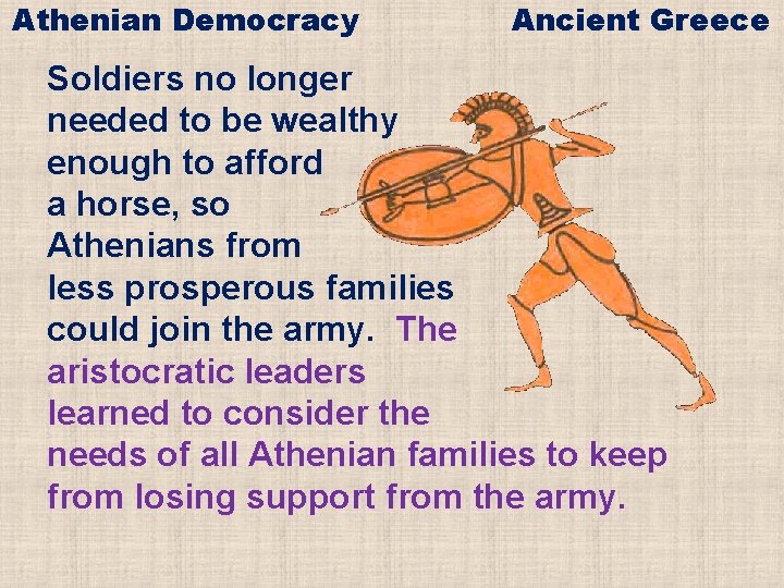 Athenian Democracy Ancient Greece Soldiers no longer needed to be wealthy enough to afford