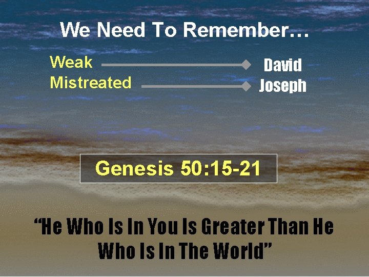 We Need To Remember… Weak Mistreated David Joseph Genesis 50: 15 -21 “He Who