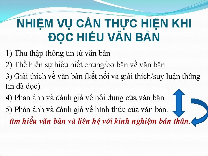 NHIỆM VỤ CẦN THỰC HIỆN KHI ĐỌC HIỂU VĂN BẢN 1) Thu thập thông NHIỆM VỤ CẦN THỰC HIỆN KHI ĐỌC HIỂU VĂN BẢN 1) Thu thập thông