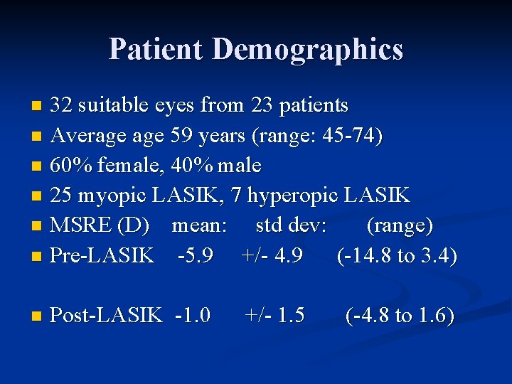 Patient Demographics 32 suitable eyes from 23 patients n Average 59 years (range: 45