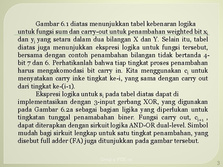 Gambar 6. 1 diatas menunjukkan tabel kebenaran logika untuk fungsi sum dan carry-out untuk