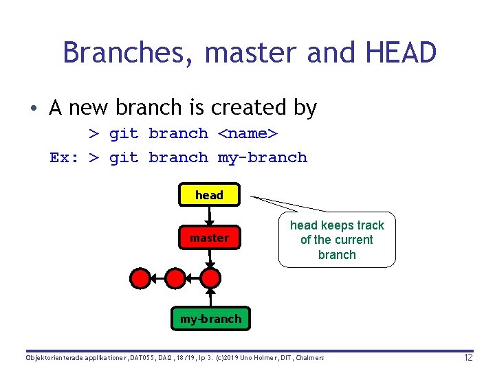 Branches, master and HEAD • A new branch is created by > git branch