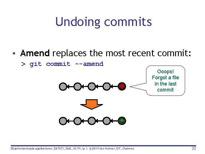 Undoing commits • Amend replaces the most recent commit: > git commit --amend Ooops!
