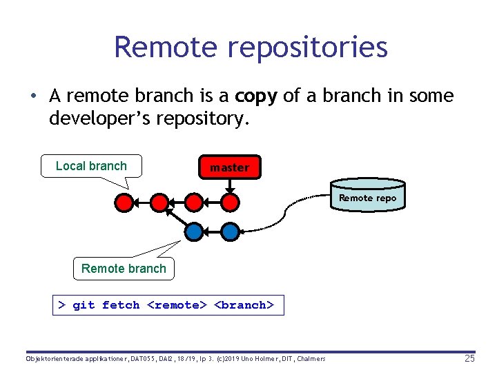 Remote repositories • A remote branch is a copy of a branch in some