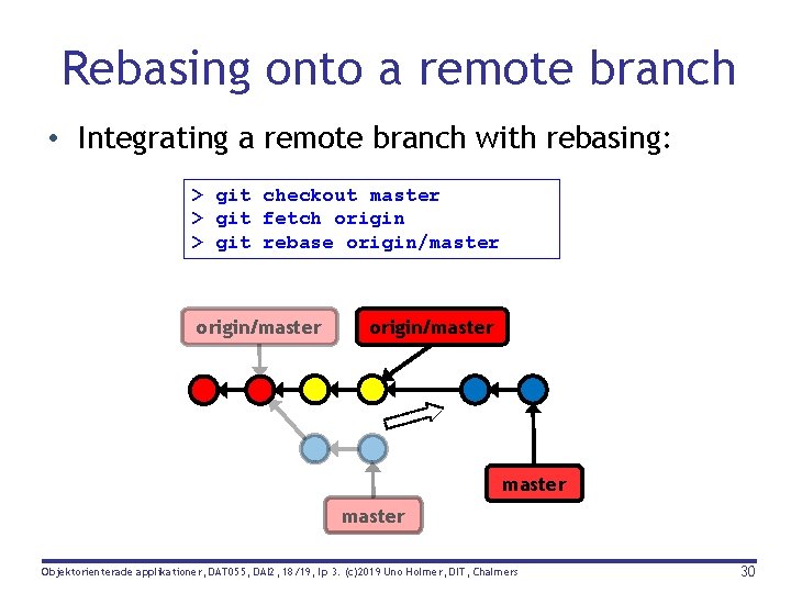 Rebasing onto a remote branch • Integrating a remote branch with rebasing: > git