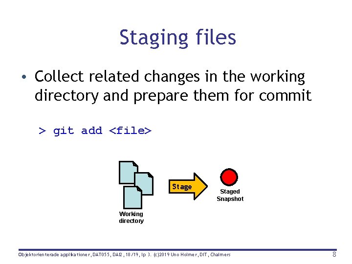 Staging files • Collect related changes in the working directory and prepare them for