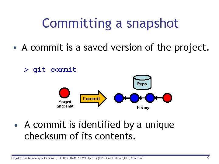 Committing a snapshot • A commit is a saved version of the project. >