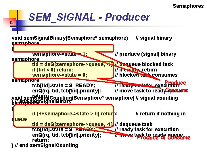 Semaphores 15 SEM_SIGNAL - Producer void sem. Signal. Binary(Semaphore* semaphore) // signal binary semaphore Semaphores 15 SEM_SIGNAL - Producer void sem. Signal. Binary(Semaphore* semaphore) // signal binary semaphore