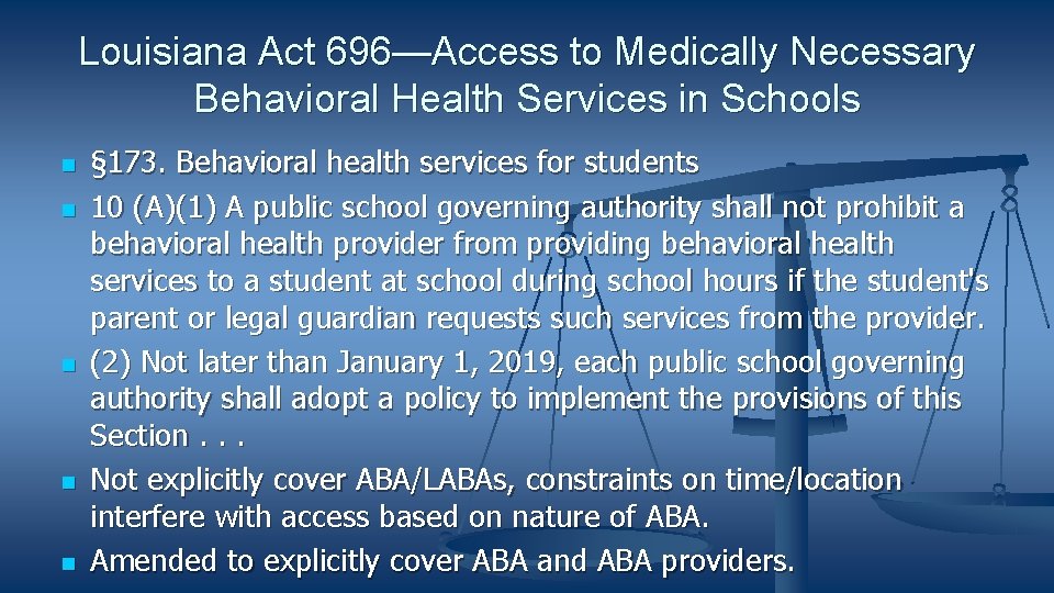 Louisiana Act 696—Access to Medically Necessary Behavioral Health Services in Schools § 173. Behavioral