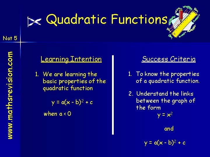 Quadratic Functions www. mathsrevision. com Nat 5 Learning Intention 1. We are learning the Quadratic Functions www. mathsrevision. com Nat 5 Learning Intention 1. We are learning the