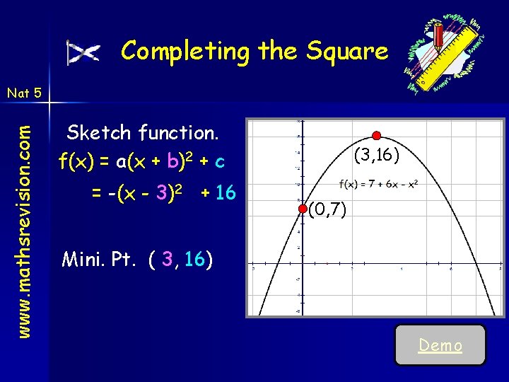 Completing the Square www. mathsrevision. com Nat 5 Sketch function. f(x) = a(x + Completing the Square www. mathsrevision. com Nat 5 Sketch function. f(x) = a(x +