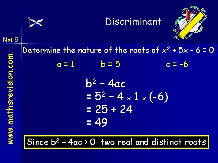 Discriminant www. mathsrevision. com Nat 5 Determine the nature of the roots of x Discriminant www. mathsrevision. com Nat 5 Determine the nature of the roots of x