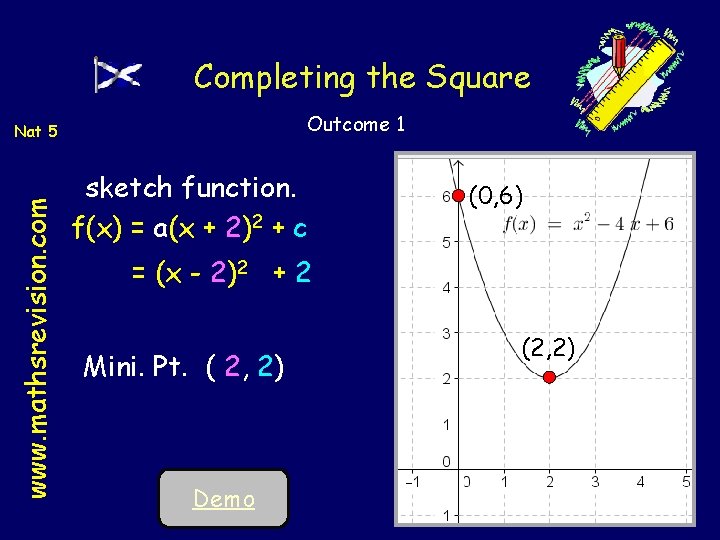 Completing the Square Outcome 1 www. mathsrevision. com Nat 5 sketch function. f(x) = Completing the Square Outcome 1 www. mathsrevision. com Nat 5 sketch function. f(x) =