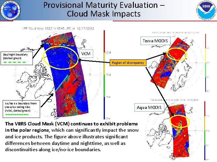Provisional Maturity Evaluation – Cloud Mask Impacts Terra MODIS Day/night boundary (dashed green) VCM