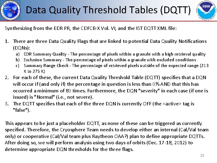 Data Quality Threshold Tables (DQTT) Synthesizing from the EDR PR, the CDFCB-X Vol. VI,