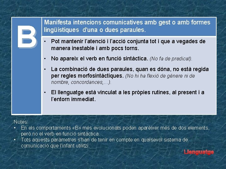 B Manifesta intencions comunicatives amb gest o amb formes lingüístiques d‘una o dues paraules.