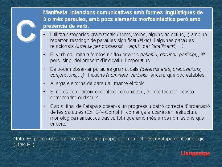 C Manifesta intencions comunicatives amb formes lingüístiques de 3 o més paraules, amb pocs