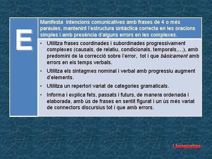 E Manifesta intencions comunicatives amb frases de 4 o més paraules, mantenint l’estructura sintàctica