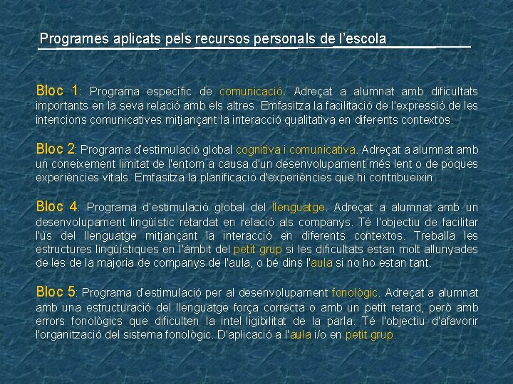 Programes aplicats pels recursos personals de l’escola Bloc 1: Programa específic de comunicació. Adreçat