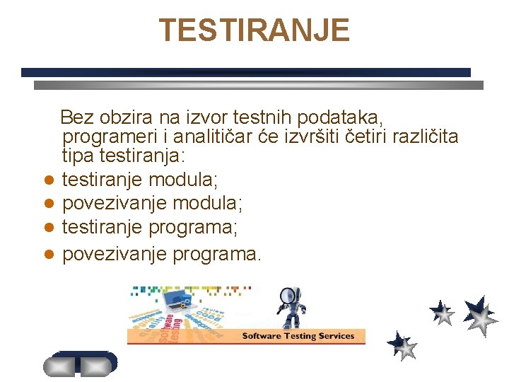 TESTIRANJE Bez obzira na izvor testnih podataka, programeri i analitičar će izvršiti četiri različita