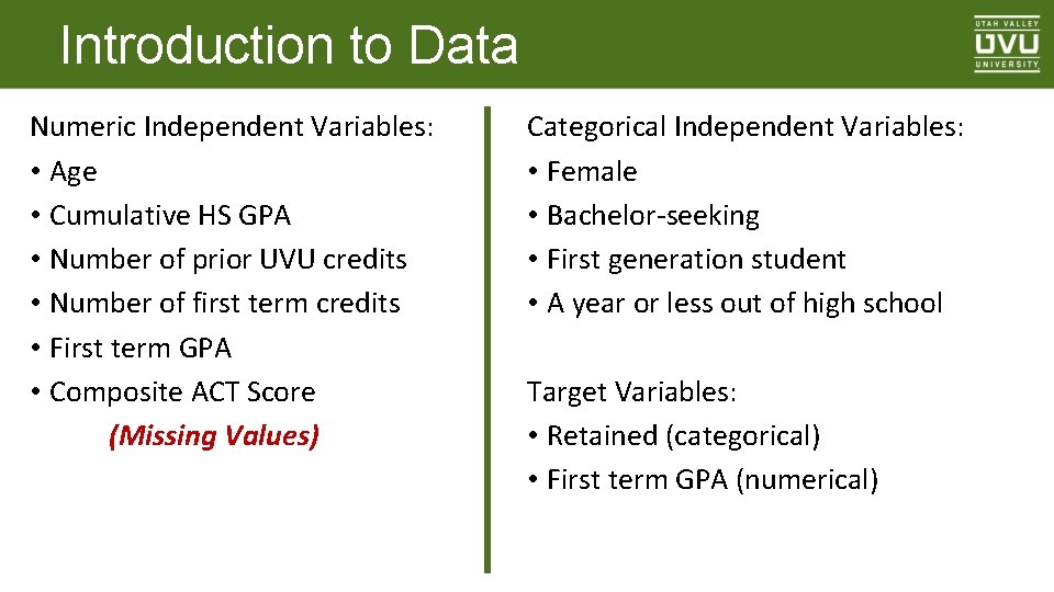 Introduction to Data Numeric Independent Variables: • Age • Cumulative HS GPA • Number