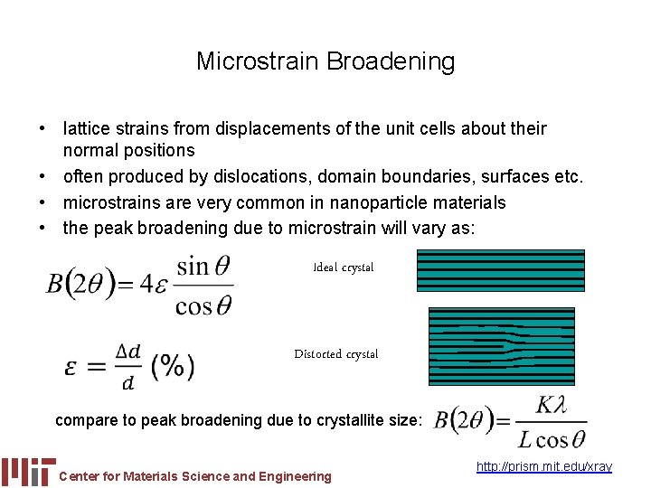 Microstrain Broadening • lattice strains from displacements of the unit cells about their normal