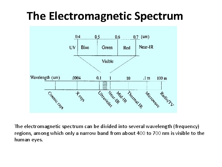 The Electromagnetic Spectrum The electromagnetic spectrum can be divided into several wavelength (frequency) regions,
