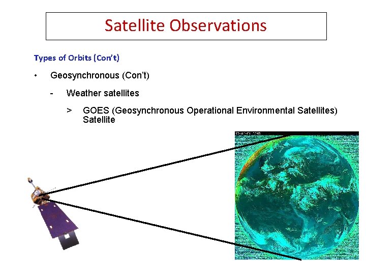 Satellite Observations Types of Orbits (Con’t) • Geosynchronous (Con’t) - Weather satellites > GOES