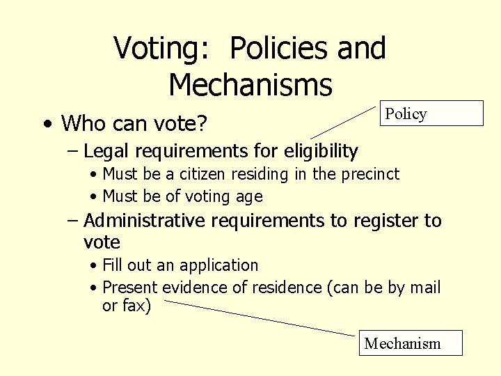 Voting: Policies and Mechanisms • Who can vote? Policy – Legal requirements for eligibility