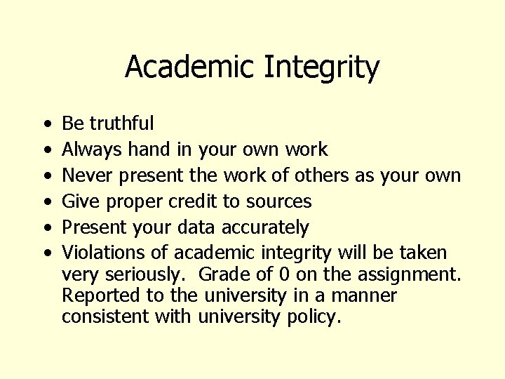 Academic Integrity • • • Be truthful Always hand in your own work Never