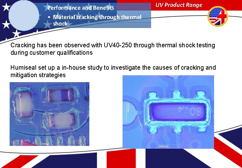 Performance and Benefits UV Product Range • Material cracking through thermal shock Cracking has